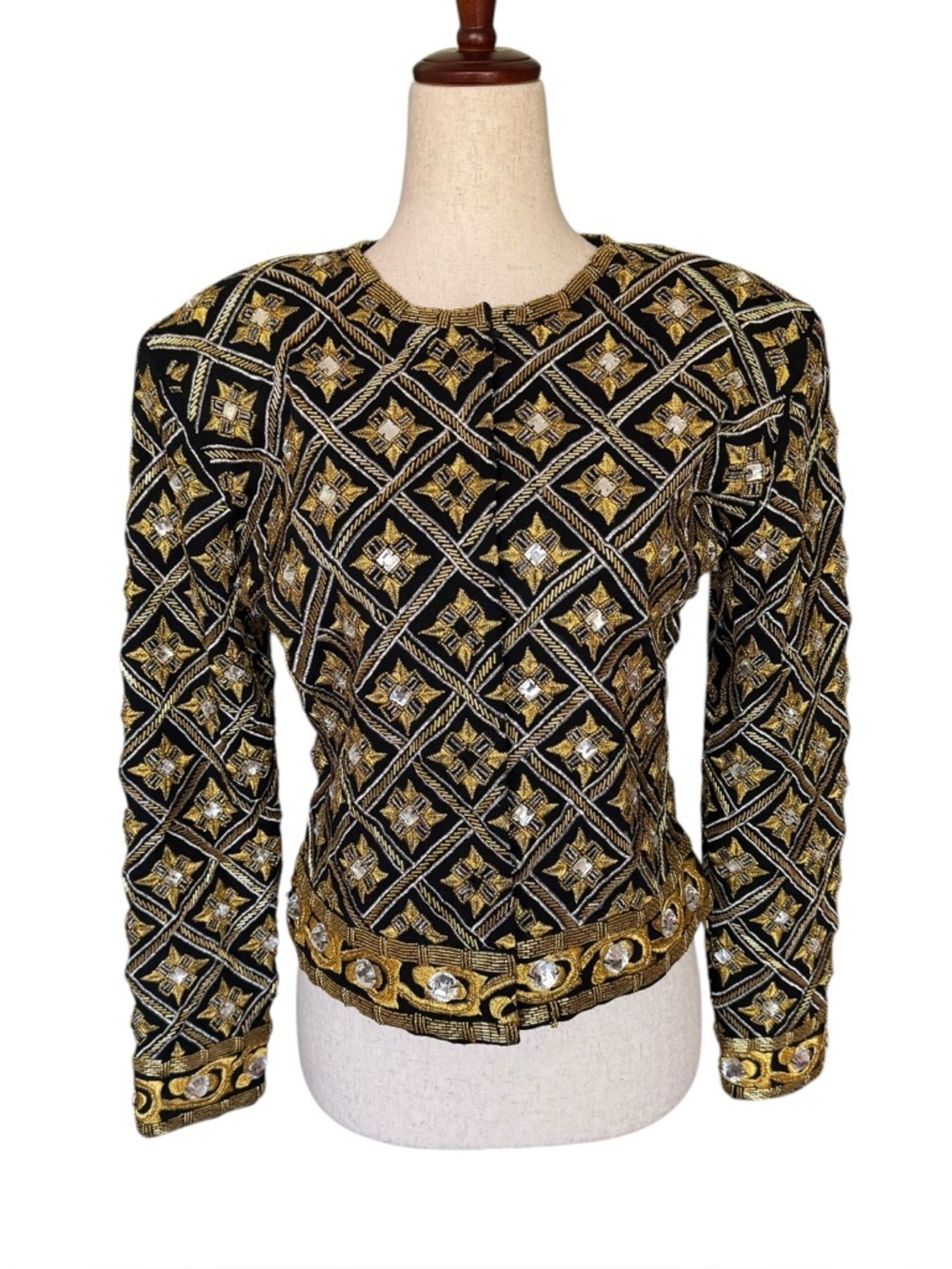 Vintage 80s Adrienne Vittadini Black and Gold Embellished Beaded Evening Jacket